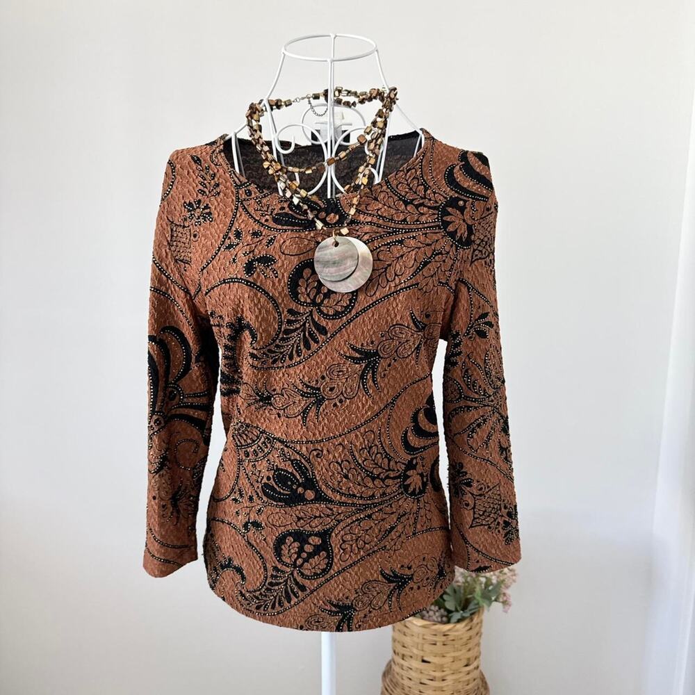 Gorgeous 90s vintage y2k brown rust & gold paisley long sleeve top - Picture 2 of 6